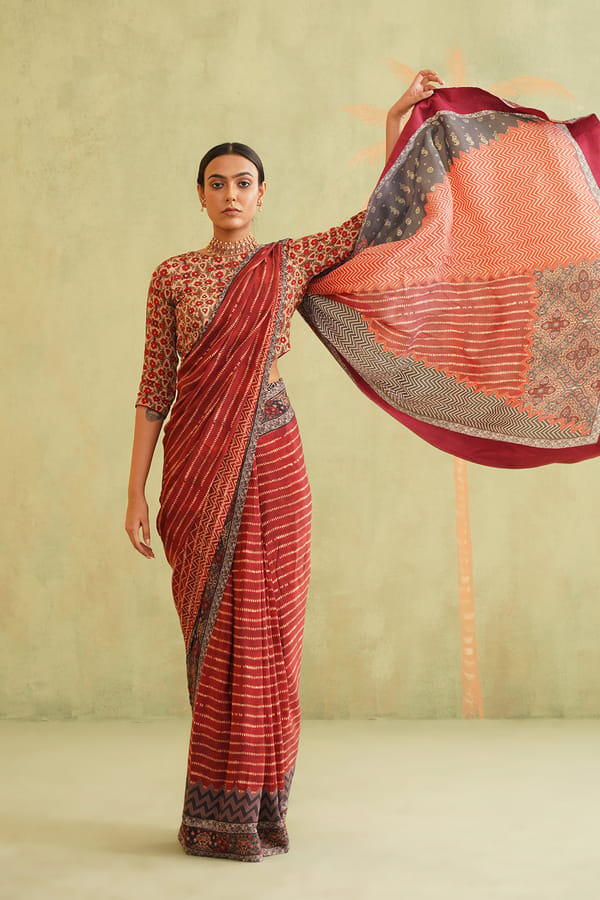 Maroon Pre-Draped Printed Crepe Saree Set with Blouse — NEETIKA CHOPRA