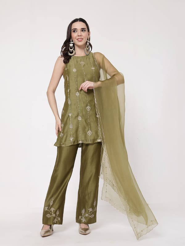 Mehndi Green A-Line Chanderi Embroidered Kurta Set — KAPAAS