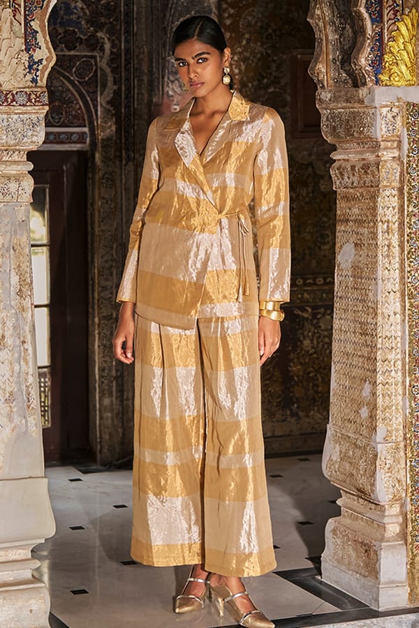Gold/Champagne Striped Wrap Blazer and Wide-Leg Pant Set — Dash and Dot