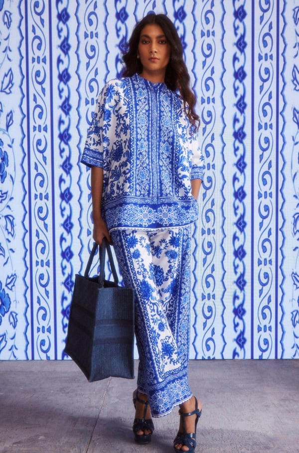 White/Blue Ceramic Floral Printed Straight-Leg Trousers — Dash and Dot