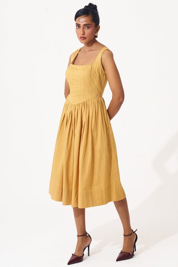 Gold Cotton Corset Dress with Gathers — Western Era