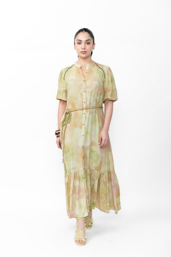 Green Watercolor Print Tiered Button-Down Maxi Dress — Contemponari