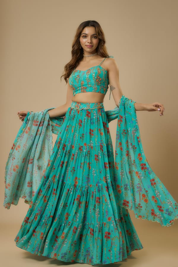 Blue Floral Lehenga Set — EWOKE STUDIO
