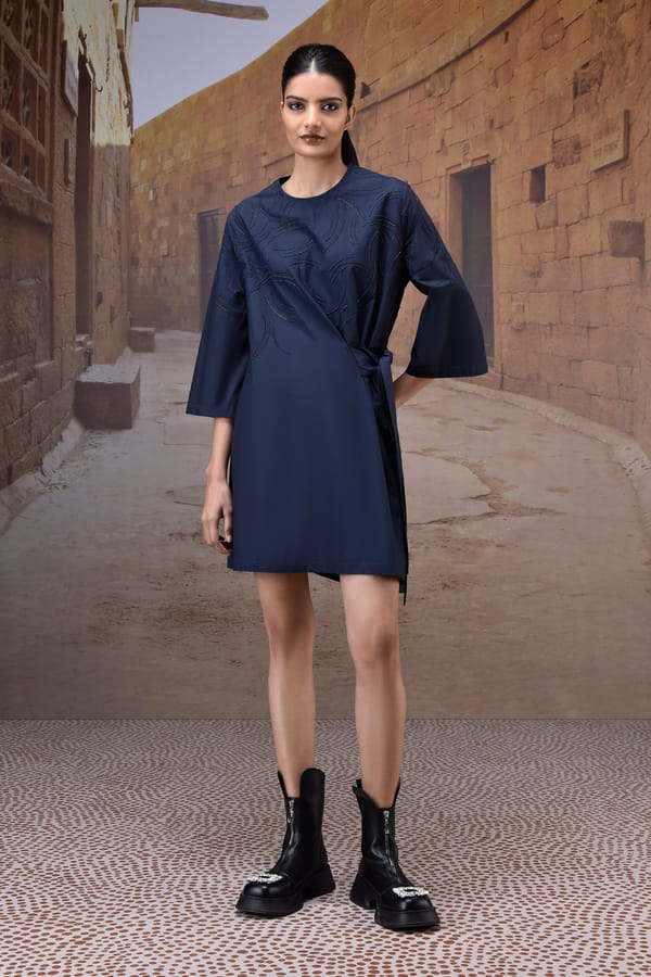 Navy Cotton Poplin Tie-Waist Straight Dress — Genes Lecoanet Hemant