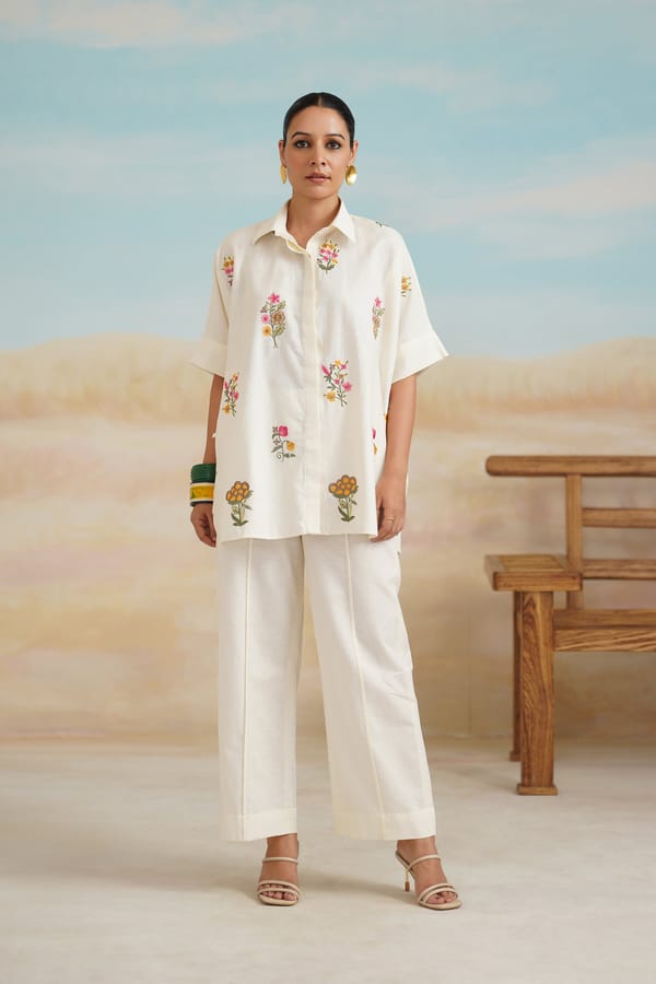 Cream Linen Embroidered Shirt and Pants Co-ord Set — NEETIKA CHOPRA