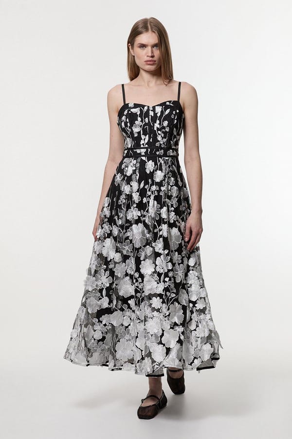 Mono Floral Applique Corset Bodice Midi Dress — KAREN MILLEN