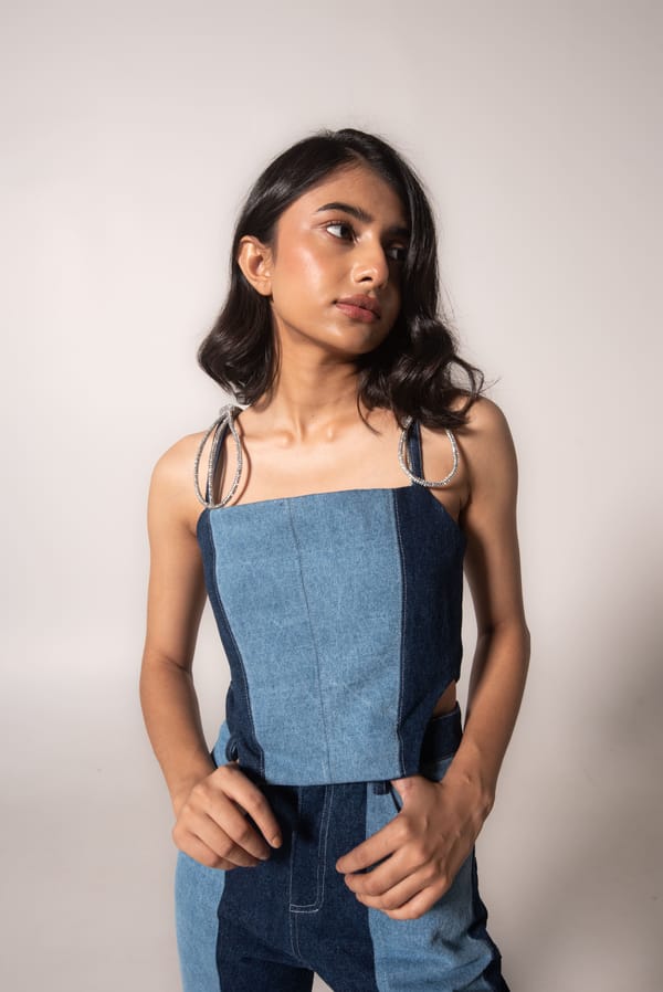 Two-Tone Denim Patchwork Corset Top with Rhinestone Straps — MAGIA