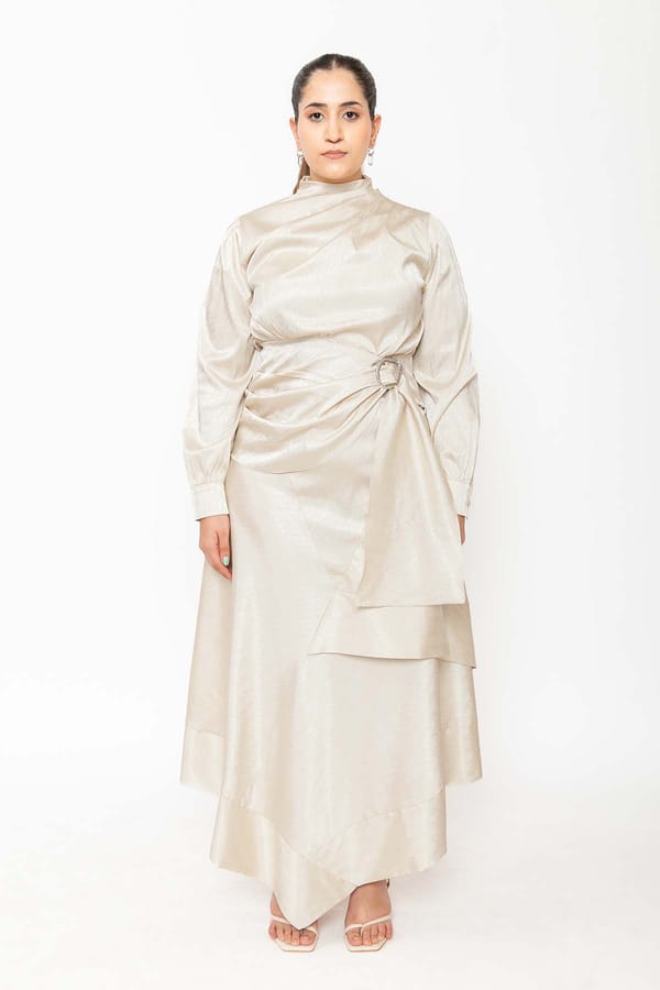 Cream Chevron Satin Draped High Neck Top with Buckle — Contemponari