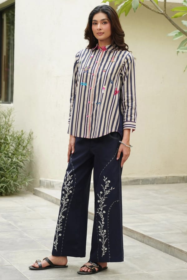 Navy Striped Cotton Shirt with Multi-Motif Embroidery — STITCH STORIES