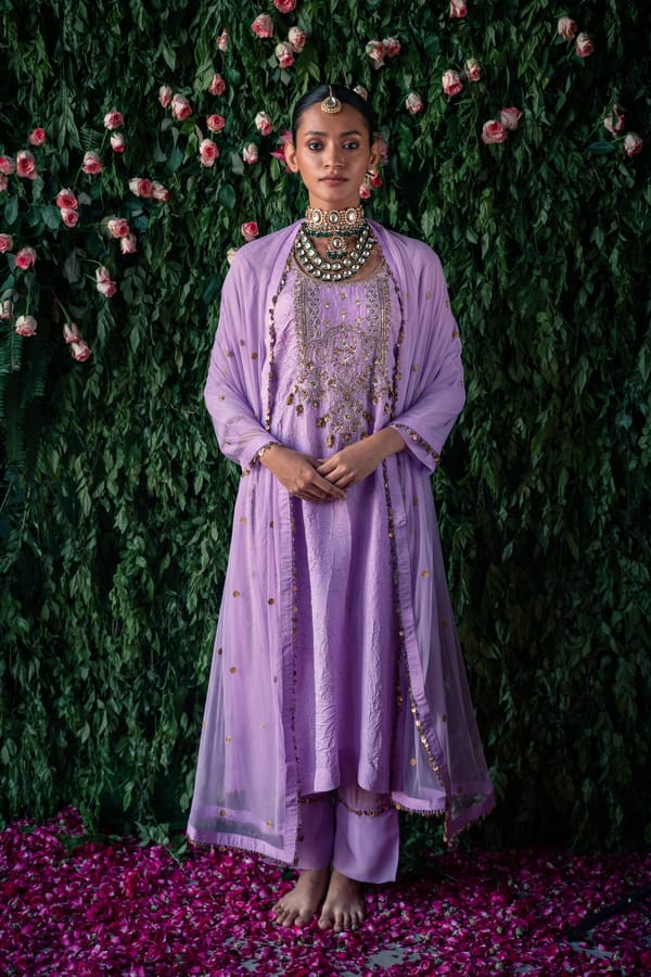 Lavender Crushed Silk Embroidered Kurta Set with Dupatta — Pooja Singhal