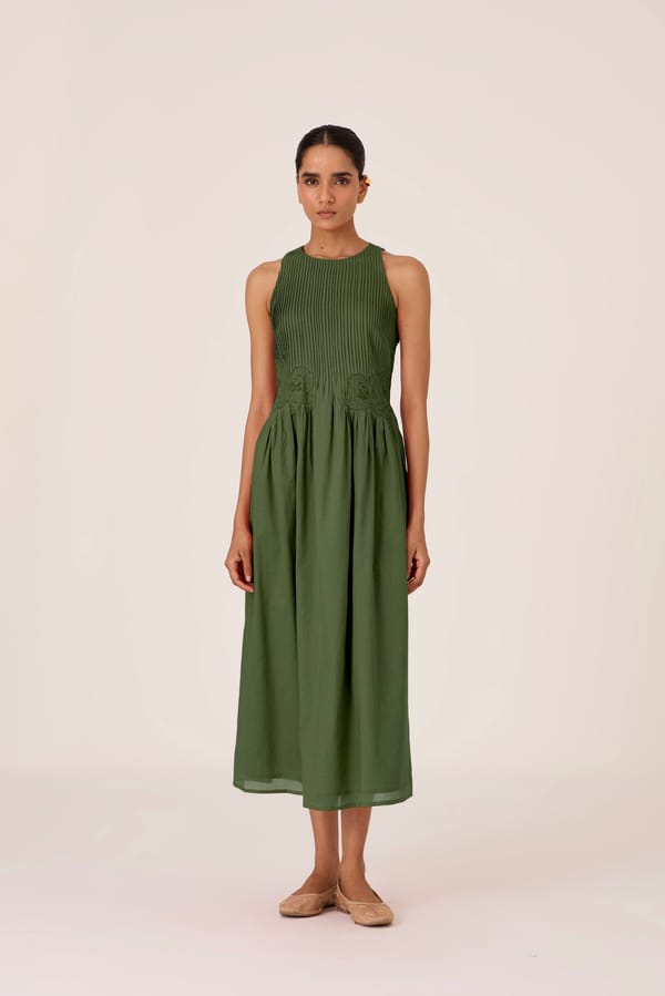 Green Pintuck Bodice Embroidered Midi Dress — The Summer House