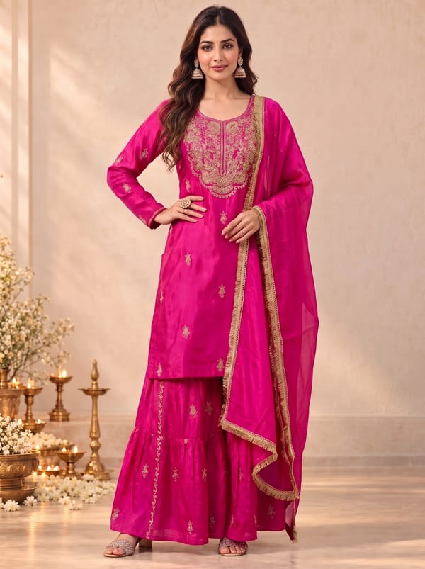 Pink Embroidered Suit Set With Dupatta — LAAVAN JAIPUR