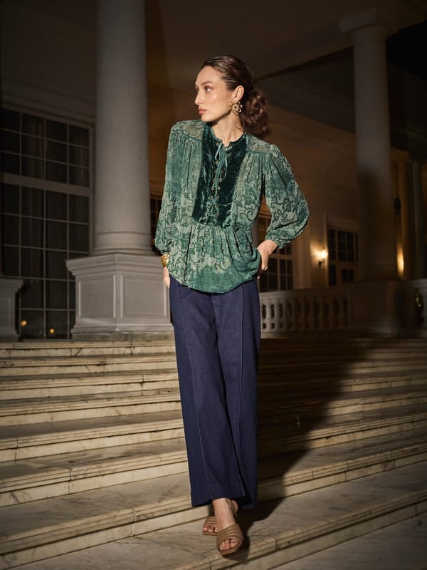Green Burnt Velvet Lace-Up Yoke Flowy Top — Style Island