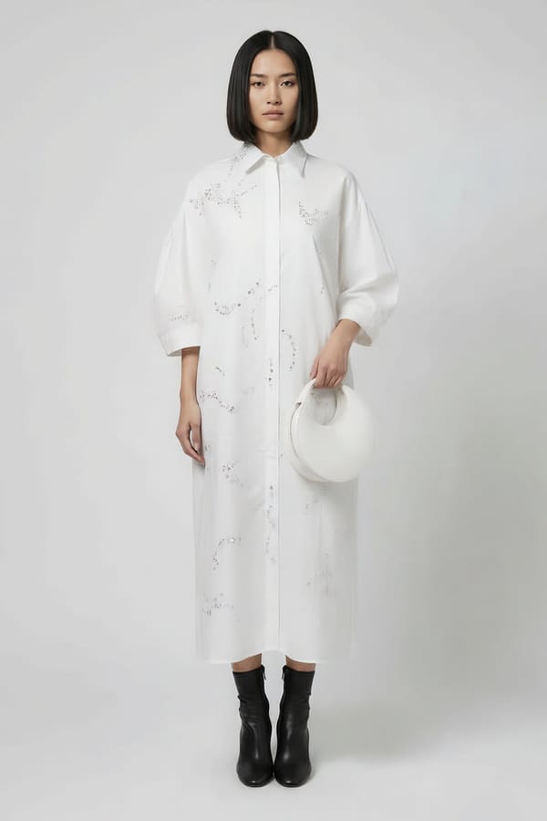 White Cotton Poplin Embroidered Midi Shirt Dress — Genes Lecoanet Hemant