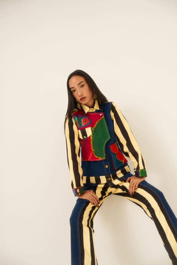 Multicolor Patchwork Denim Jacket with Striped Sleeves — ANANYA AGARWAL
