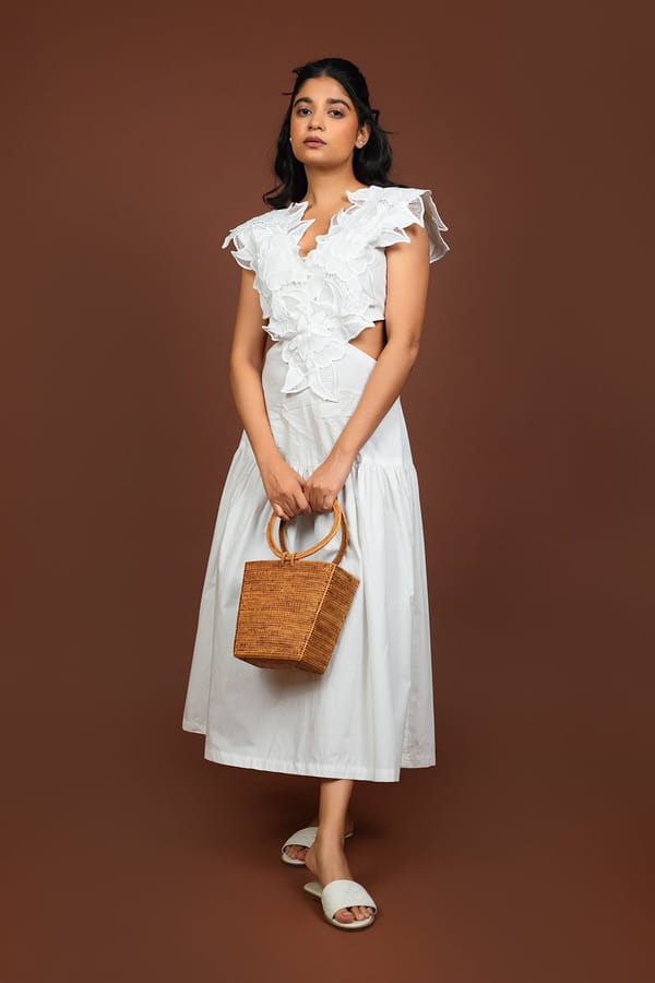 White Cotton Lace Bodice Fit and Flare Midi Dress — 9899