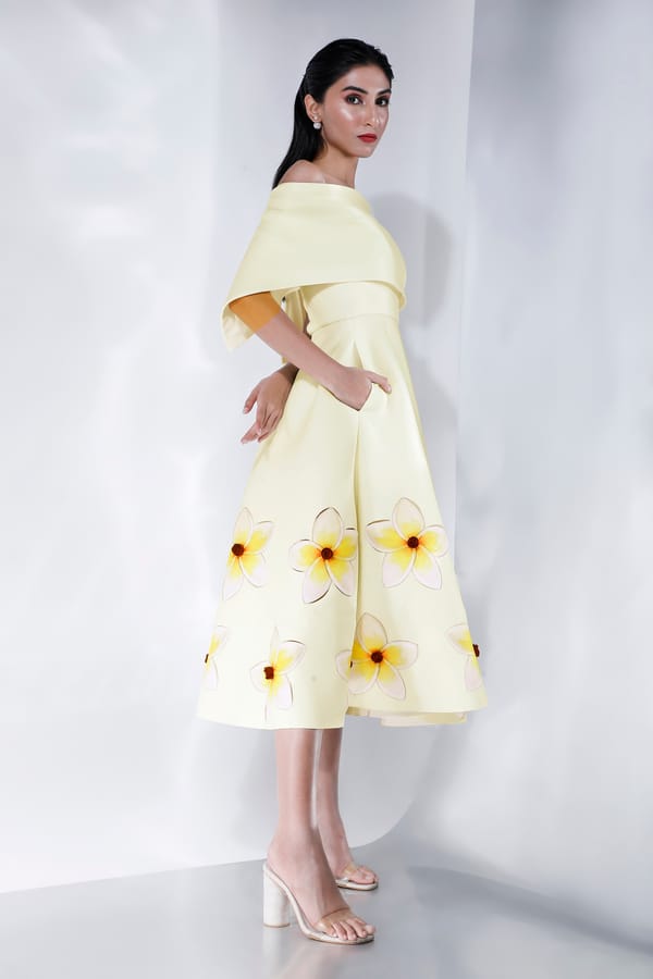 Yellow Off-Shoulder Fit and Flare Midi Dress with Wrap — OZEQO