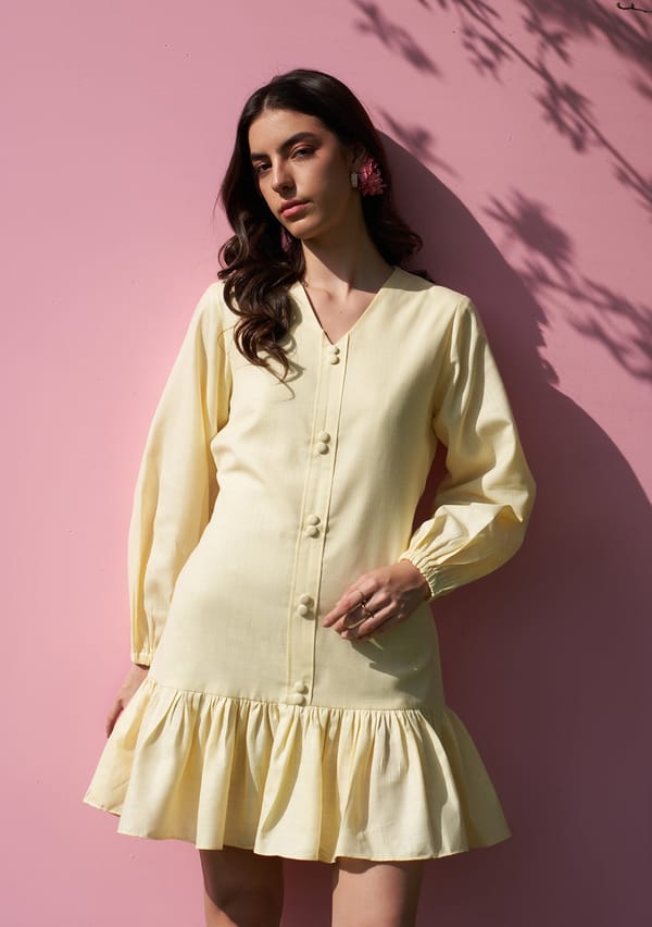 Butter Yellow V-Neck Button-Front Mini Dress — AMOSHI