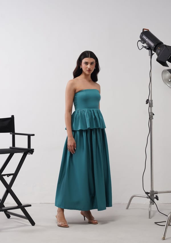 Teal Strapless Peplum Top and Maxi Skirt Co-ord Set — AMOSHI