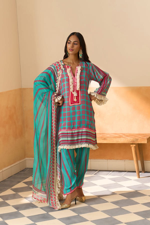 Teal Green and Pink Printed Kurta Set with Dupatta — Chakkraa