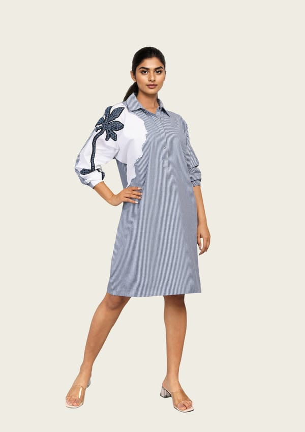 Blue Stripe and White Cotton Dress with Embroidery — Richa Goenka