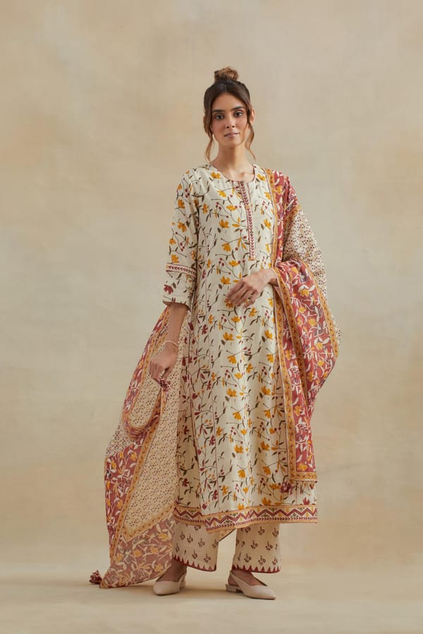 Beige Cotton Straight Kurta Set — Upavita