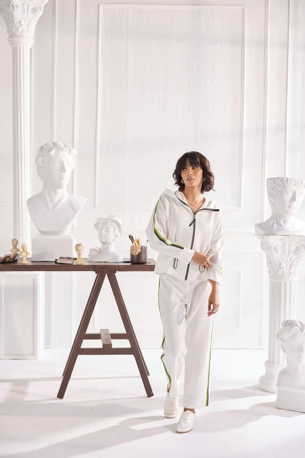 White Crepe Trackset Co-ord with Contrast Tape — Shivya K