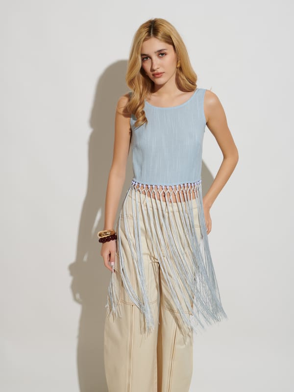 Blue Sleeveless Ribbed Fringe Hem Top — SISTER JANE