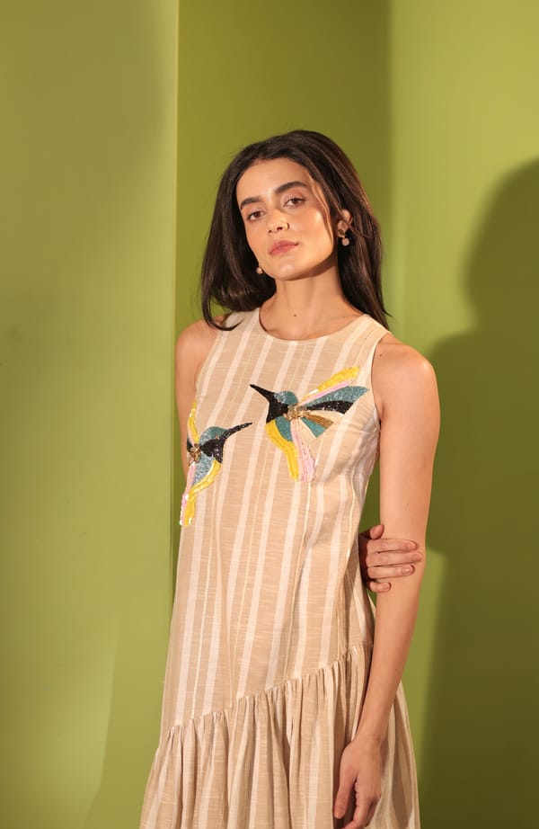 Beige Striped Cotton Midi Dress with Hummingbird Embellishment — MANVI DAGA STUDIO