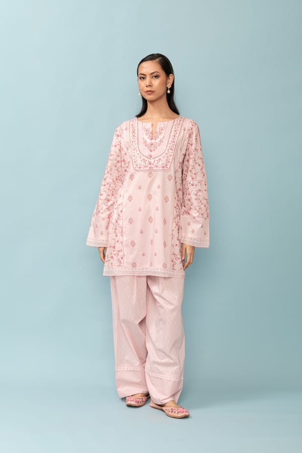 Baby Pink Tonal Floral Print Kurta Set with Organza Sleeves — LABEL NAARITI