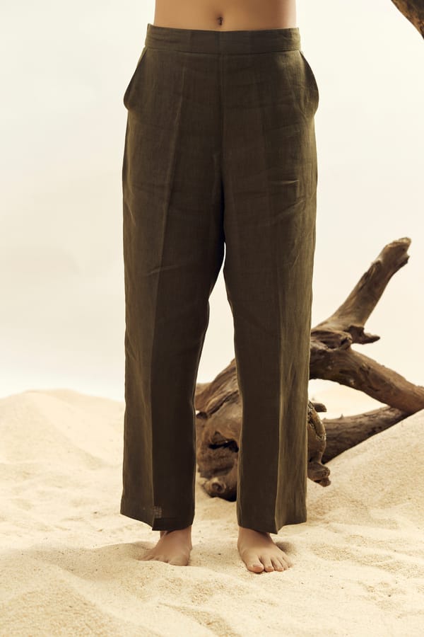 Olive Linen High-Rise Straight-Leg Trousers — Linen Bloom