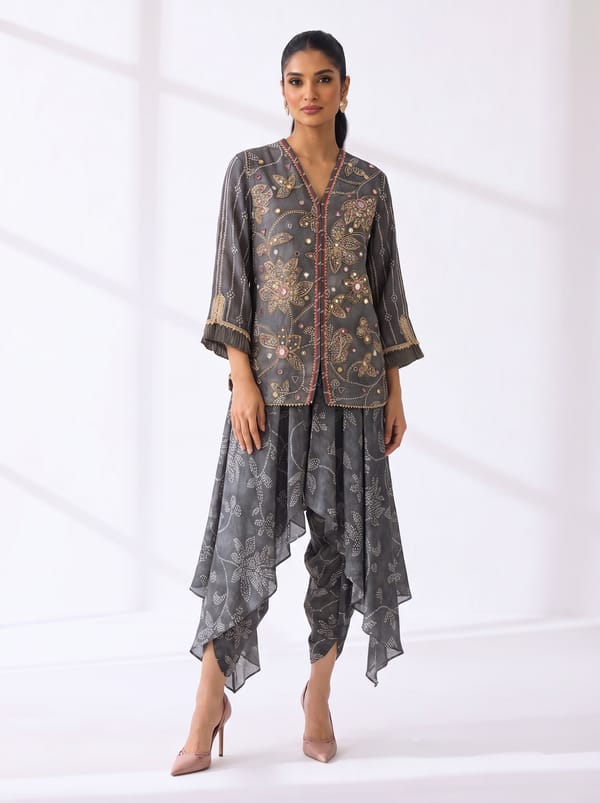 Grey Embroidered Printed Co-ord Set with Dhoti Pants — BUMBLEBEE