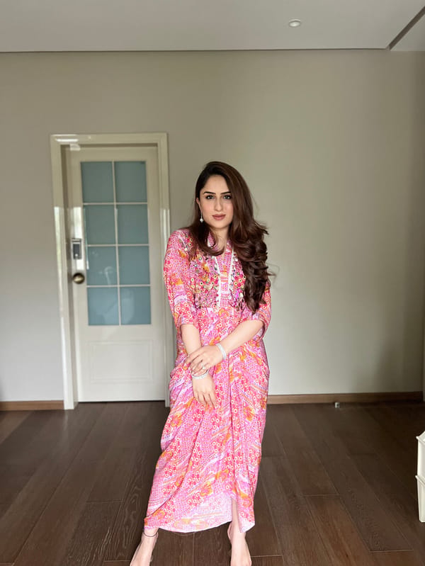 Pink Printed Wrap-Style Maxi Dress with Mirror Work — BUMBLEBEE
