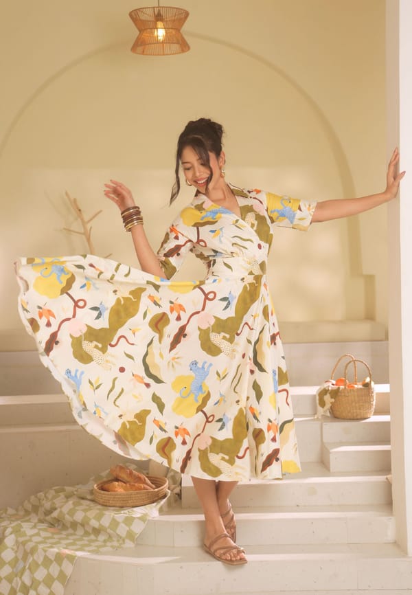 Green White Abstract Print Collared Fit and Flare Midi Dress — BEYOND TARA