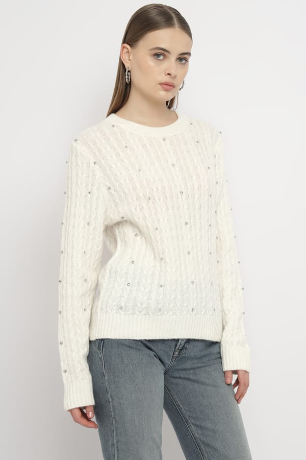Light Beige Cable-Knit Sweater with Sparkle Detail — SALSA JEANS
