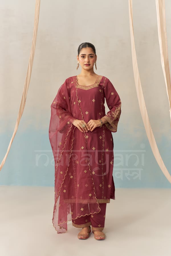 ESHA - Burgundy Chanderi Suit Set — NARAYANI VASTRA
