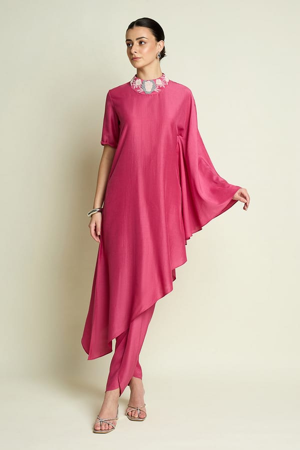 Pink Floral Neck Draped Tunic Set — Aakaar