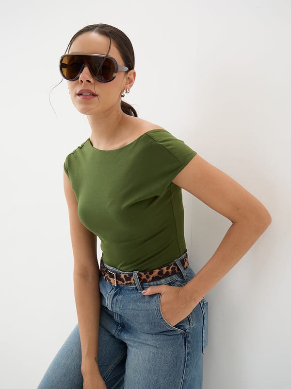 TrueStretch Olive Boat Neck Bodysuit — Femmella