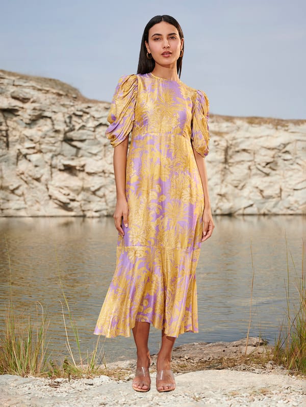 Purple and Yellow Printed Puff Sleeve Silk Midi Dress — House of Soi
