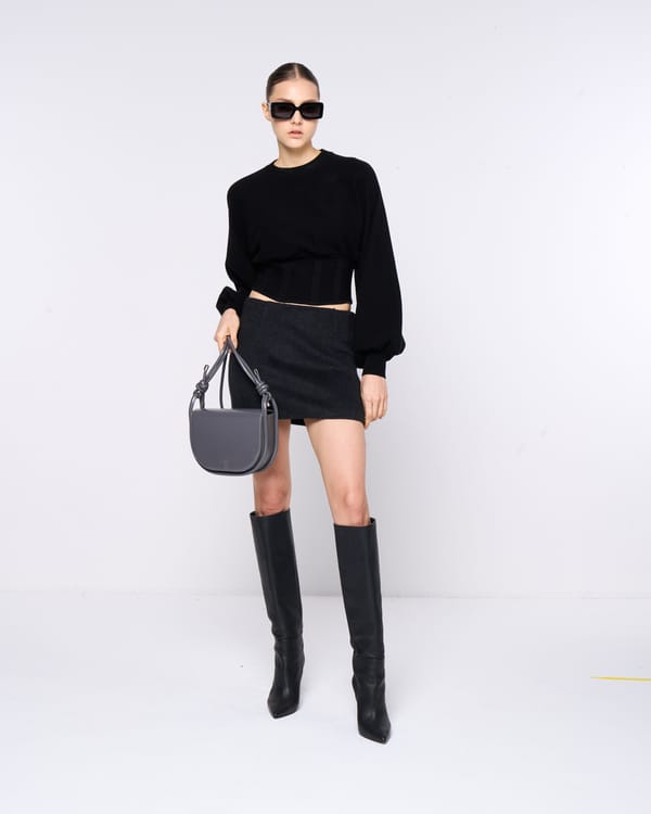 Black Cropped Puff Sleeve Sweater with Waist Panel — SILVIAN HEACH