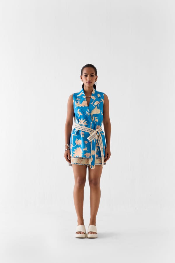 Blue Tropical Sleeveless Blazer and Shorts Co-ord Set — Studio Rigu