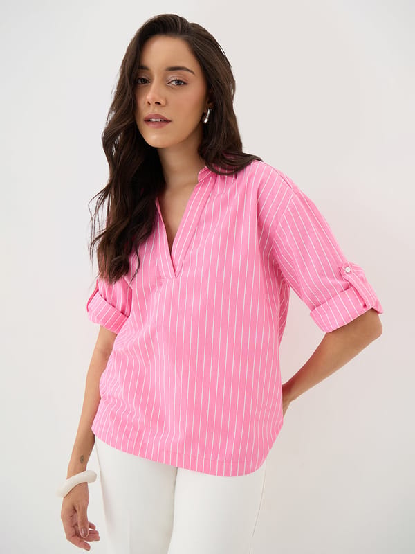 Pink Stripe Collared Oversized Top — Femmella