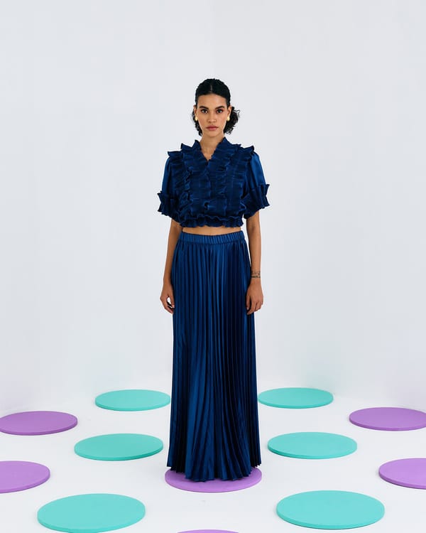 Blue Crepe Satin Pleated Frill Crop Top — Pleats by Aruni