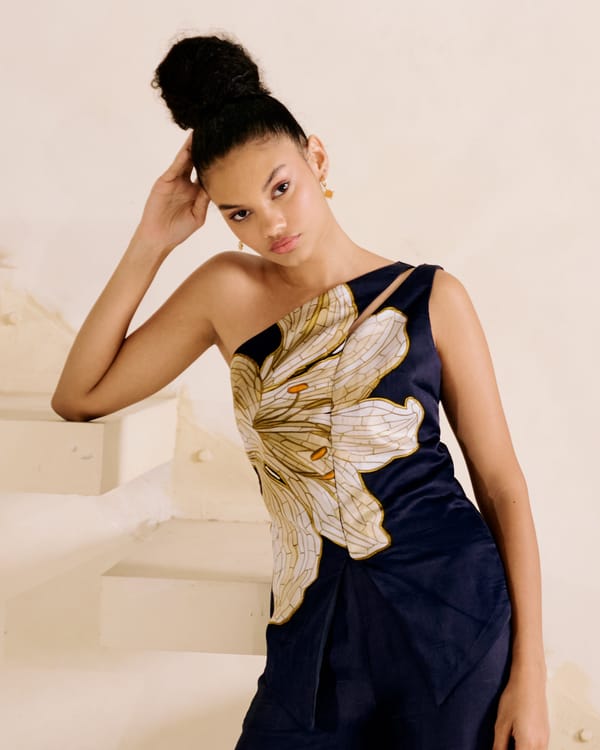 Blue One-Shoulder Modal Satin Floral Placement Print Top — Missy Co.
