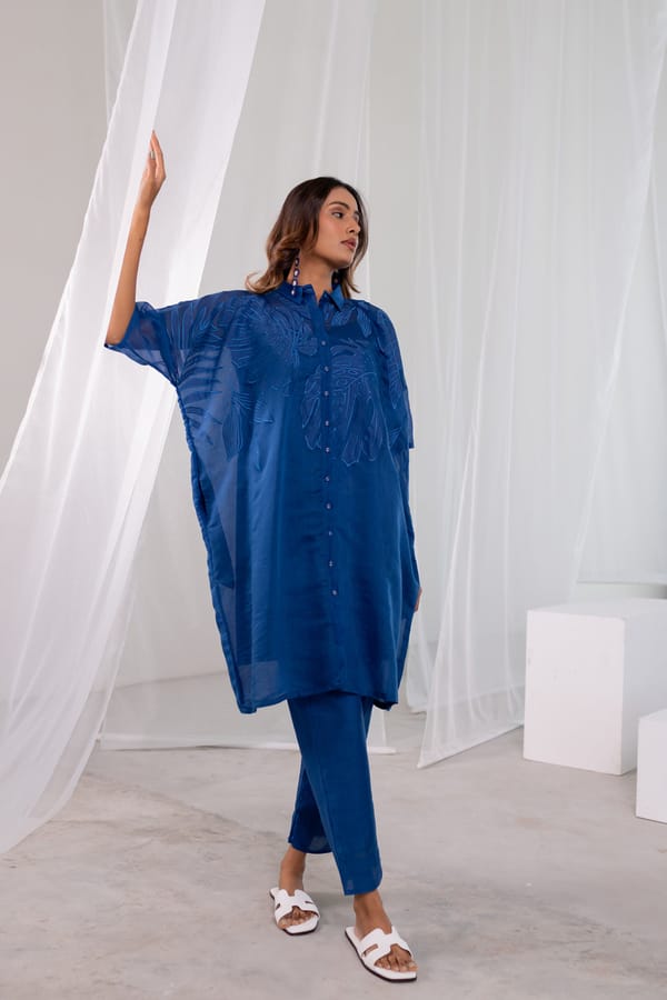 Blue Chanderi Leaf Appliqué Tunic Co-ord Set — Silai studio