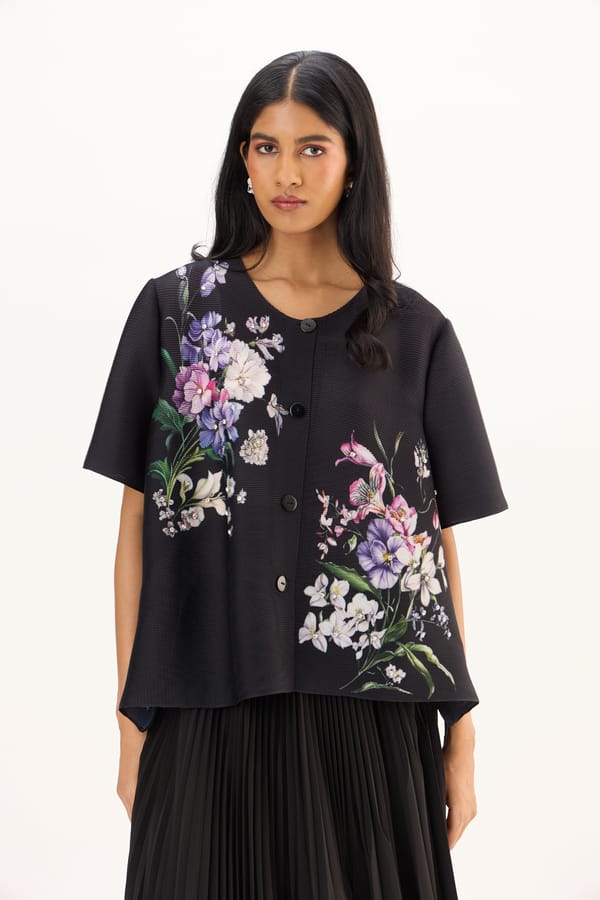 Black Pleated Floral Button-Down Boxy Top — Scarlet Sage