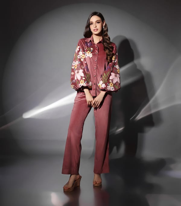 Powder Pink Velvet Floral Applique Co-ord Set — RUCHIKA  MALLIKA LABEL