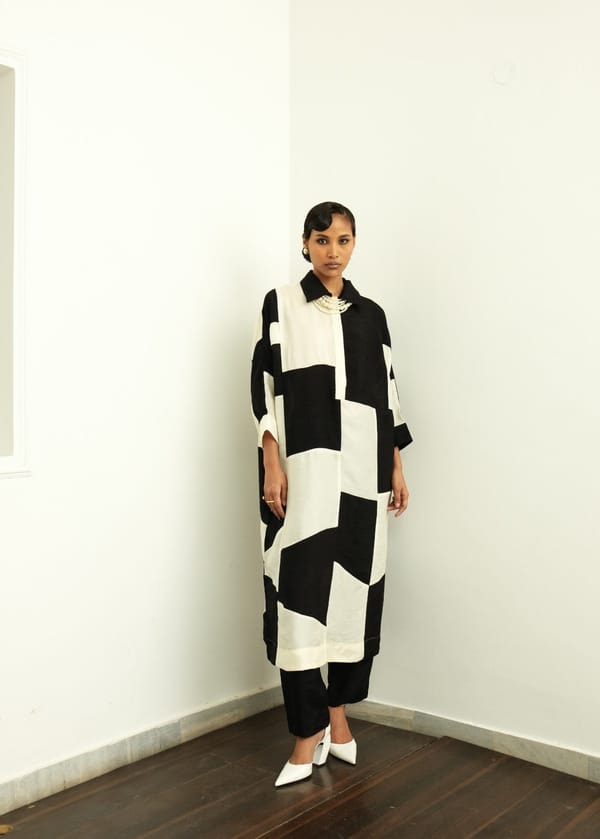 Black and Cream Raw Silk Colorblock Kurta Set — Ofrida