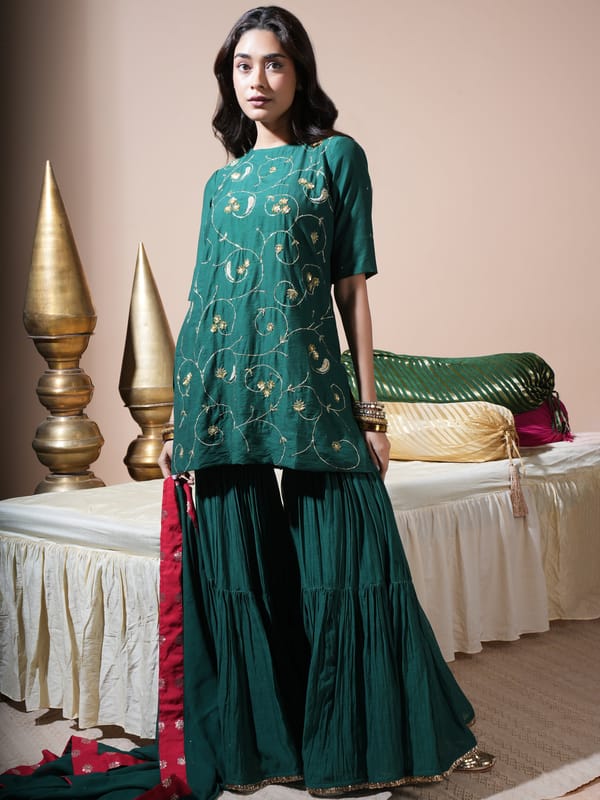 Rama Green Floral Jaal Kurta Garara Set — KOMAL SHAH