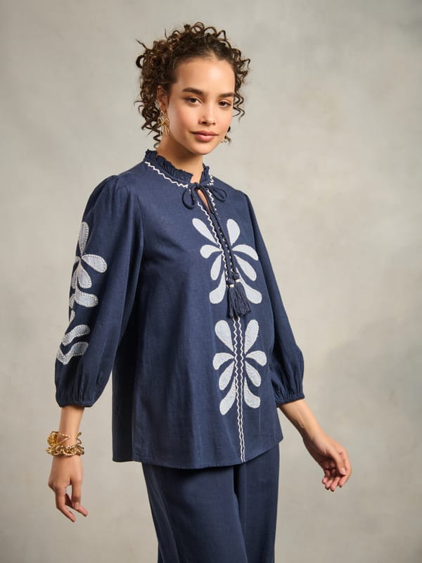 Blue Applique Tie-Up Neck Top with 3/4 Bishop Sleeves — Style Island